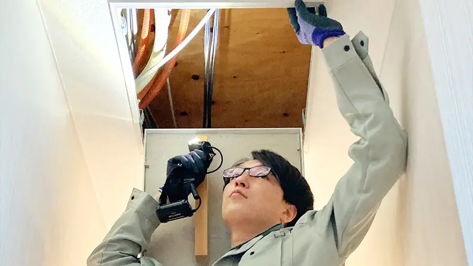 天井の点検口を開けてライトを当ててのぞいている様子