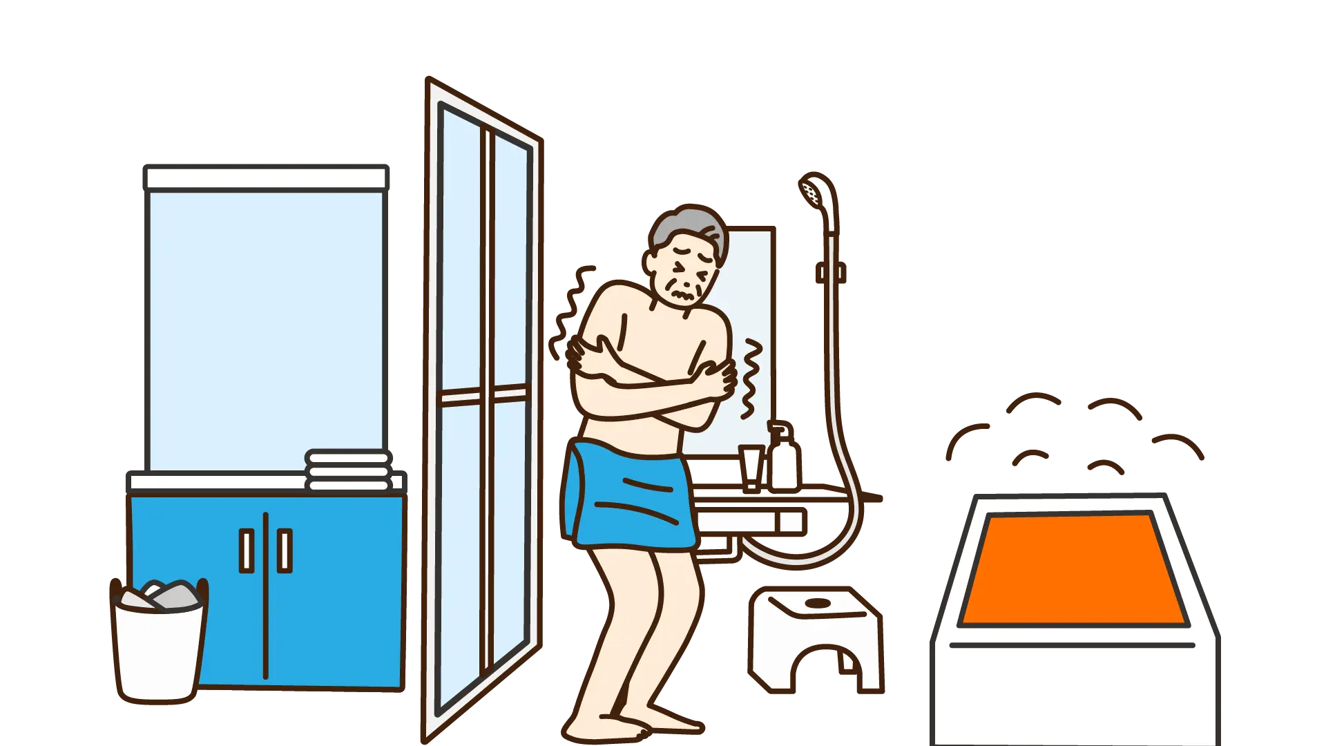 浴室で寒がる老人